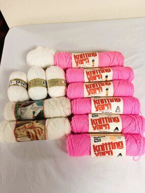 Vintage Woolworth Wooleco Yarn Lot Pink Blossom White Acrylic Worsted Skeins